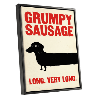 Long Dog, Short Temper, black, beige, red minimalist wall art shown as a black framed canvas wall art
