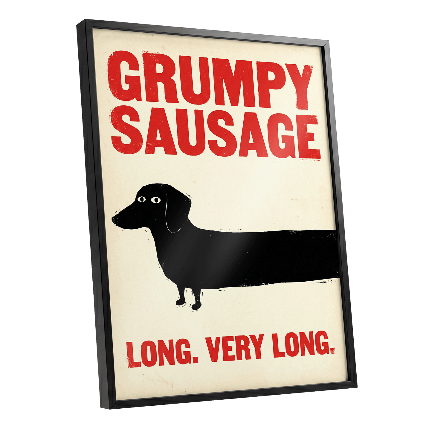 Long Dog, Short Temper, black, beige, red minimalist wall art shown as a black framed poster wall art print