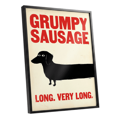 Long Dog, Short Temper, black, beige, red minimalist wall art shown as a black framed poster wall art print