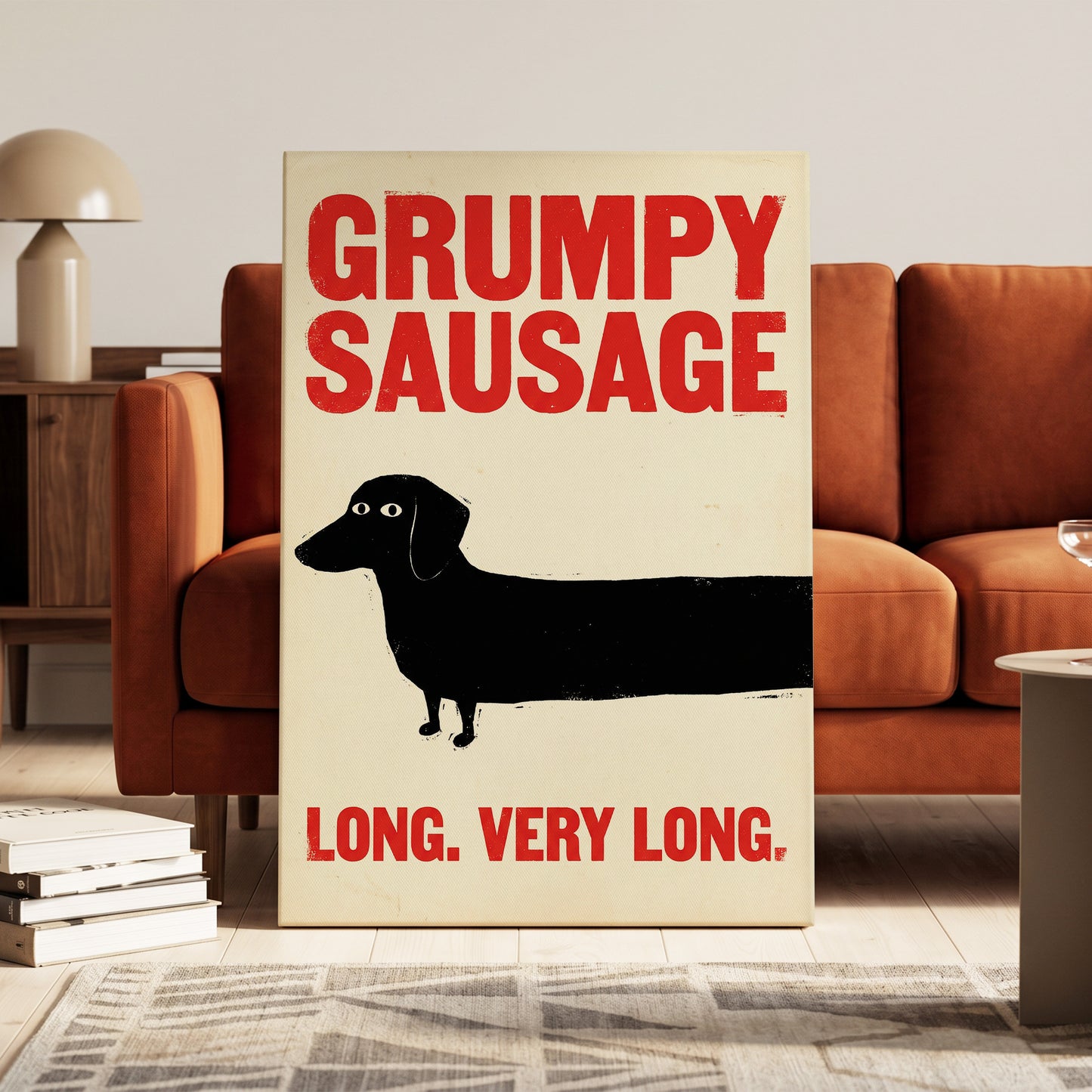 Long Dog, Short Temper, black, beige, red minimalist wall art on canvas displayed in a styled interior, gallery view 1
