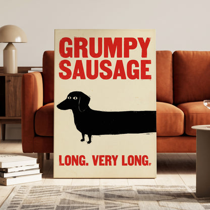 Long Dog, Short Temper, black, beige, red minimalist wall art on canvas displayed in a styled interior, gallery view 1