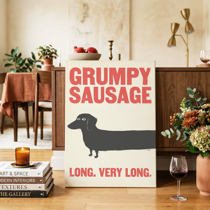 Long Dog, Short Temper, black, beige, red minimalist wall art on canvas displayed in a styled interior, gallery view 2