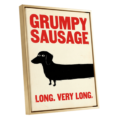 Long Dog, Short Temper, black, beige, red minimalist wall art shown as a gold framed canvas wall art