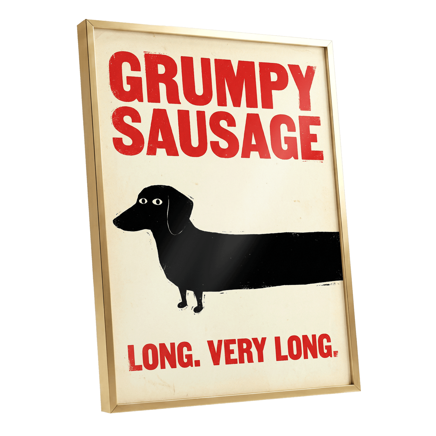 Long Dog, Short Temper, black, beige, red minimalist wall art shown as a gold framed poster wall art print