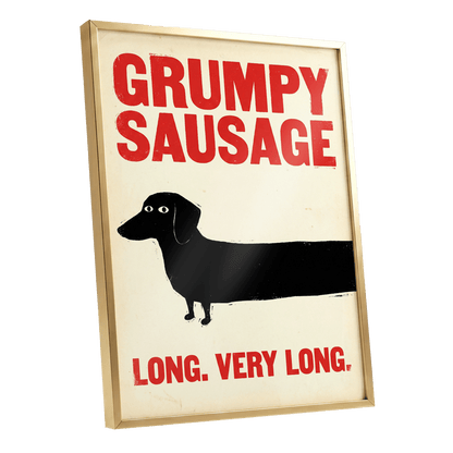 Long Dog, Short Temper, black, beige, red minimalist wall art shown as a gold framed poster wall art print