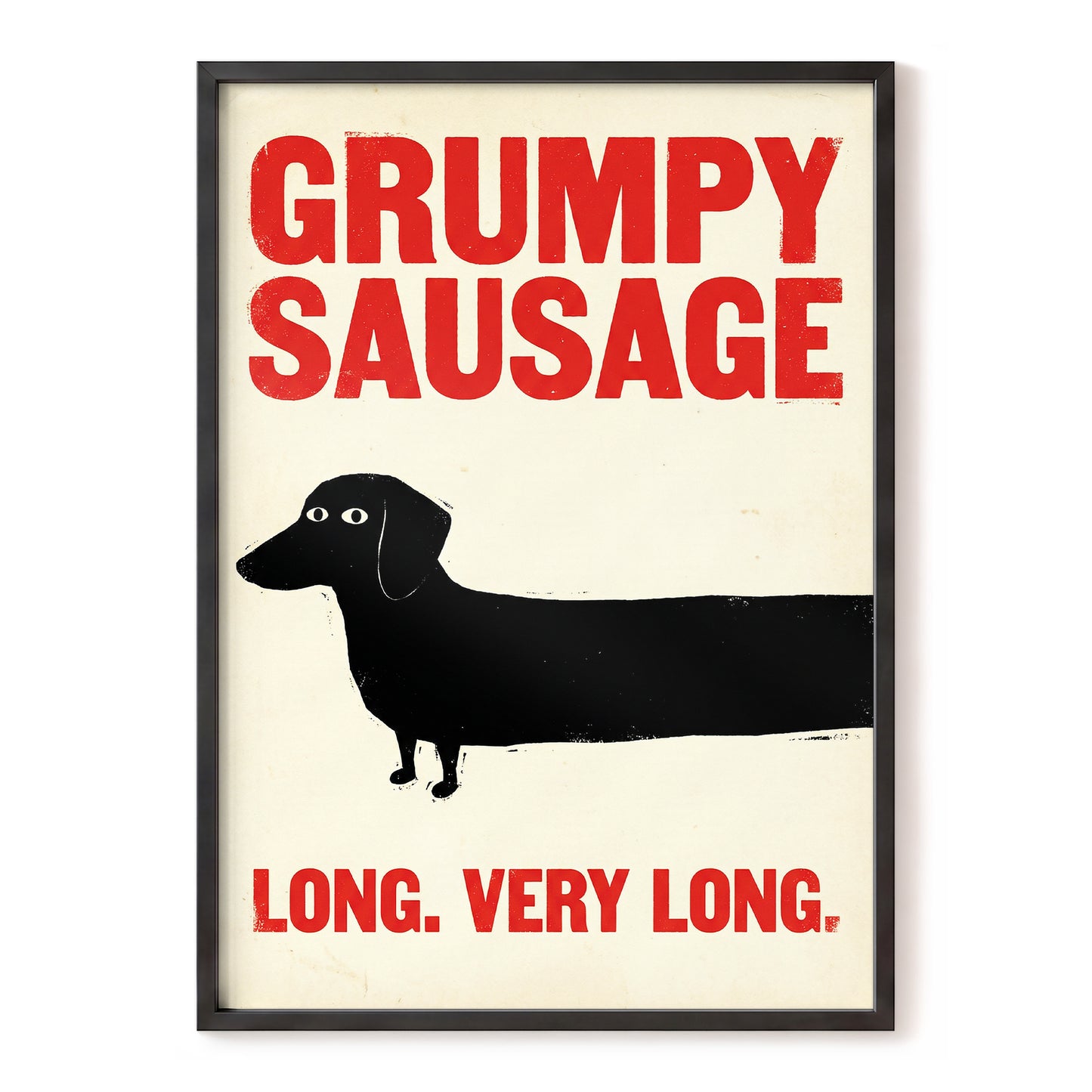 Long Dog, Short Temper, black, beige, red minimalist wall art, front artwork view