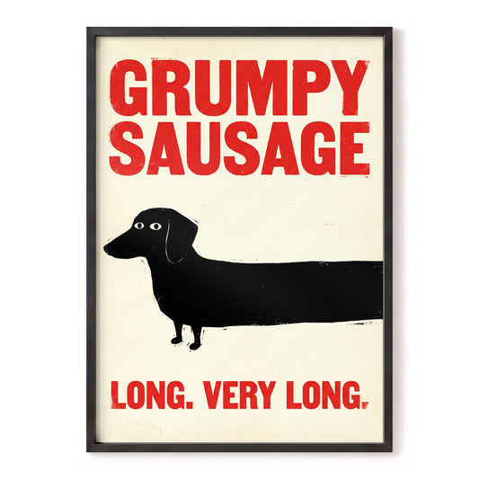 Long Dog, Short Temper, black, beige, red minimalist wall art, front artwork view