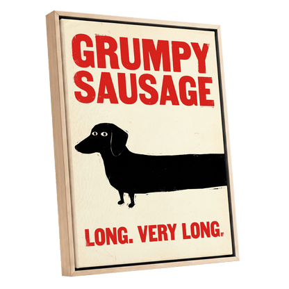 Long Dog, Short Temper, black, beige, red minimalist wall art shown as a oak framed canvas wall art