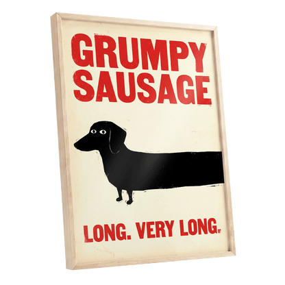 Long Dog, Short Temper, black, beige, red minimalist wall art shown as a oak framed poster wall art print