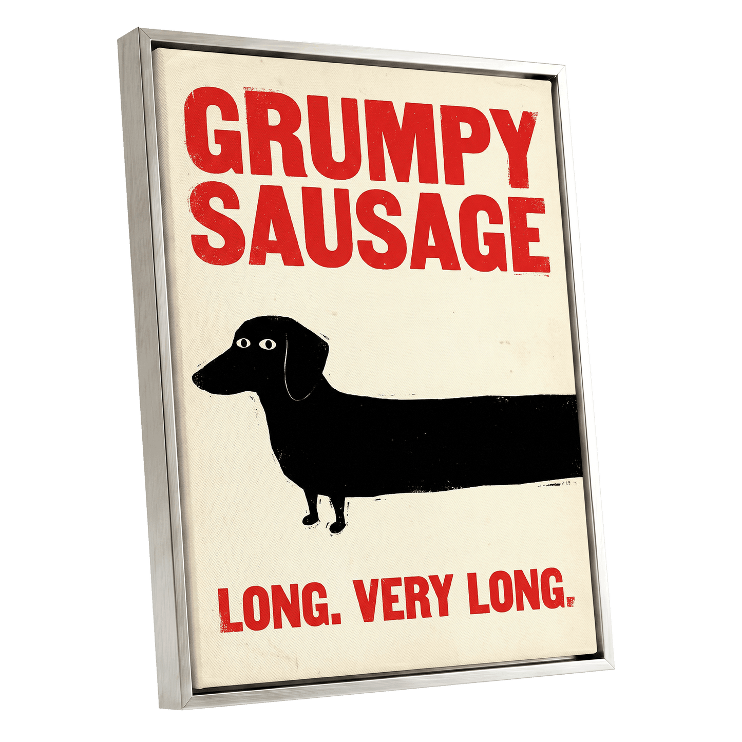 Long Dog, Short Temper, black, beige, red minimalist wall art shown as a silver framed canvas wall art