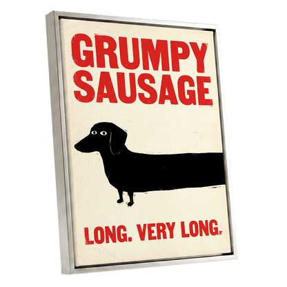 Long Dog, Short Temper, black, beige, red minimalist wall art shown as a silver framed canvas wall art