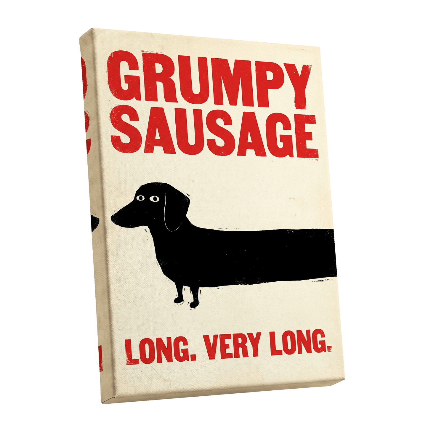 Long Dog, Short Temper, black, beige, red minimalist wall art shown as a stretched canvas wall art