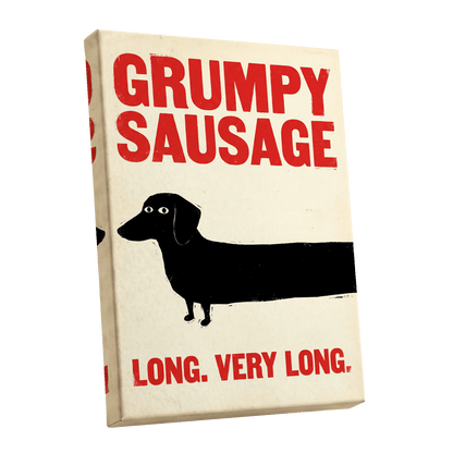 Long Dog, Short Temper, black, beige, red minimalist wall art shown as a stretched canvas wall art