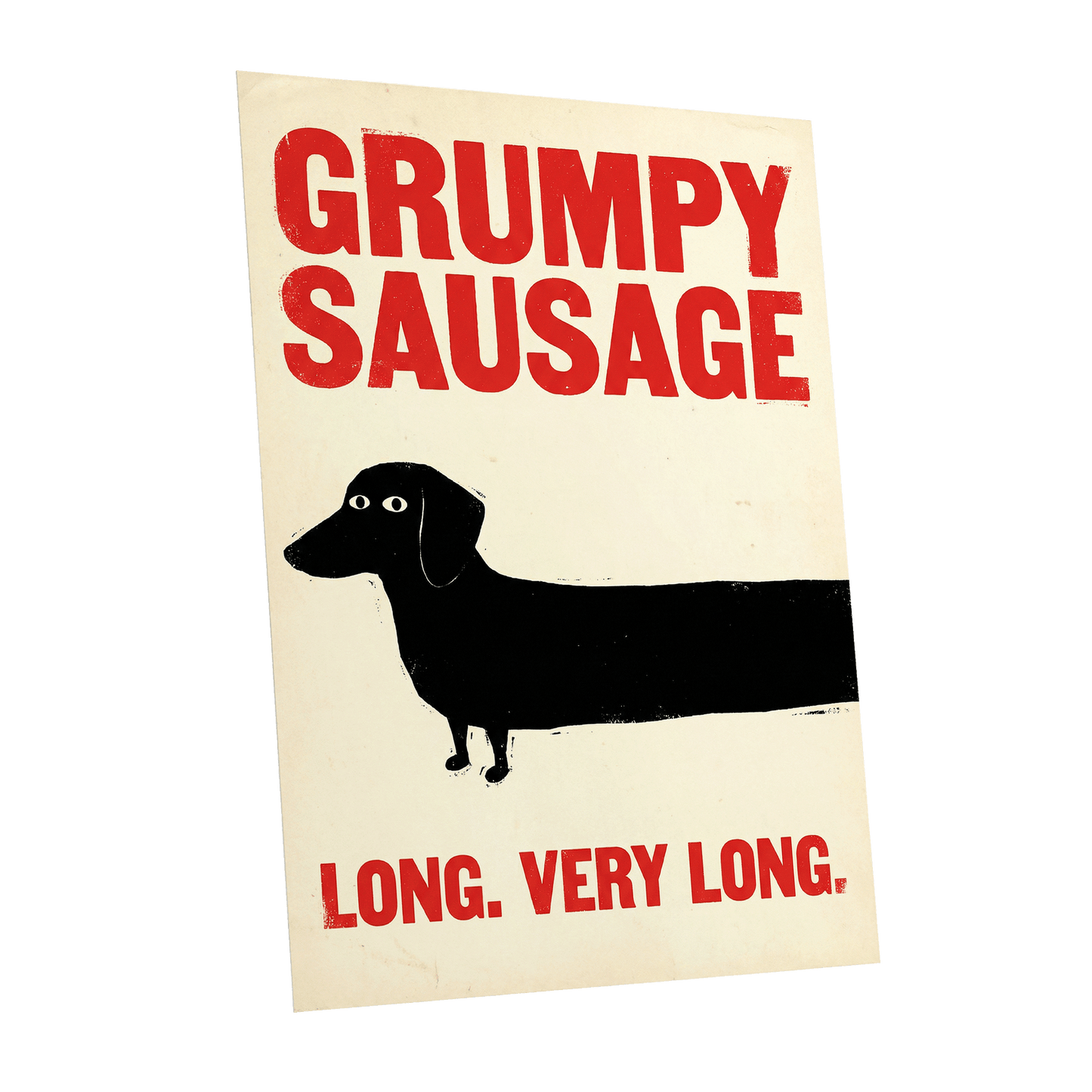 Long Dog, Short Temper, black, beige, red minimalist wall art shown as a unframed poster wall art print