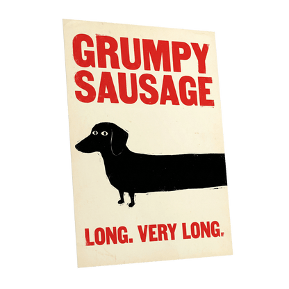 Long Dog, Short Temper, black, beige, red minimalist wall art shown as a unframed poster wall art print