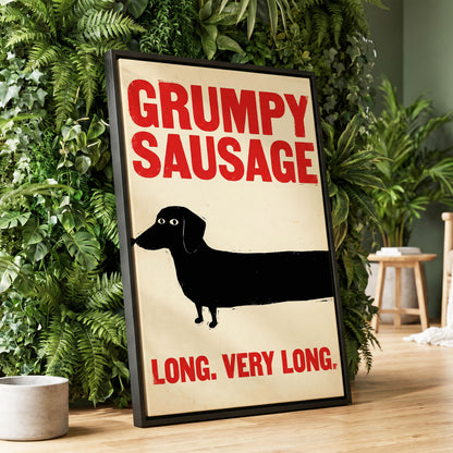 Long Dog, Short Temper, black, beige, red minimalist wall art displayed in a styled interior, gallery view 1