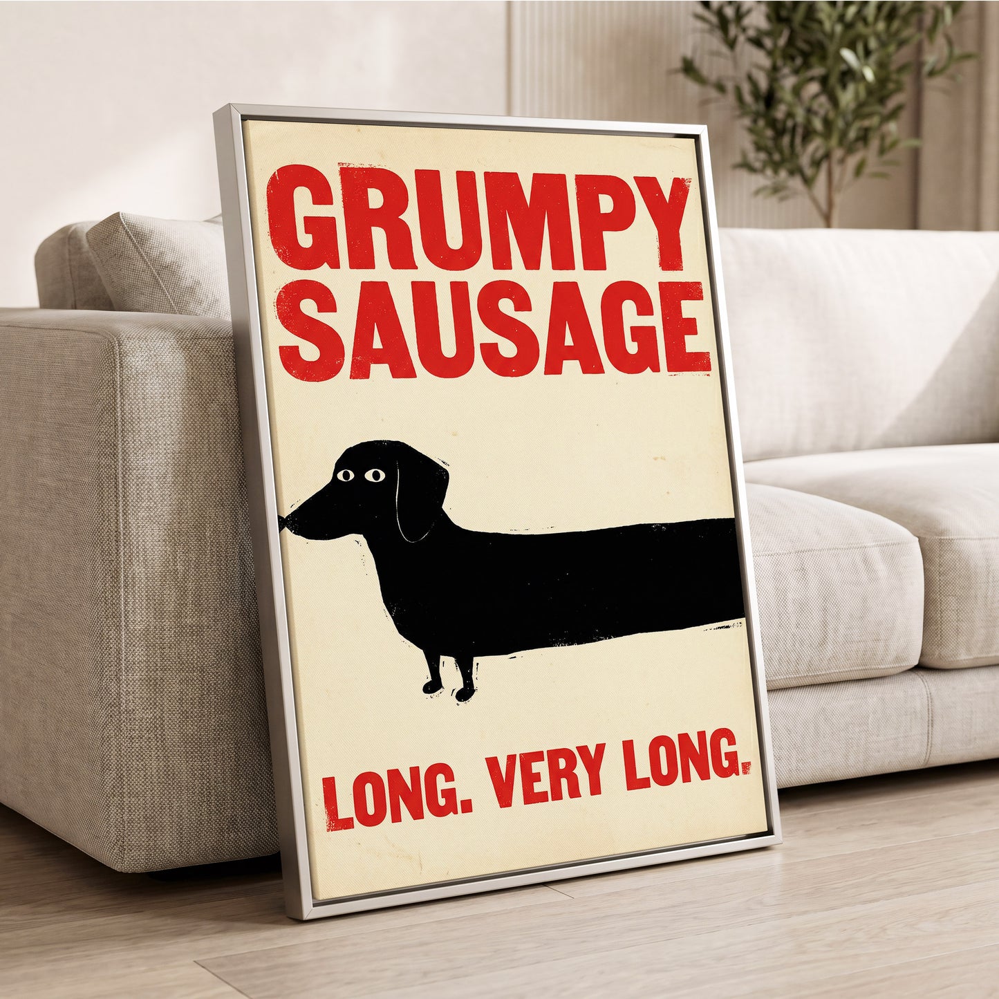 Long Dog, Short Temper, black, beige, red minimalist wall art displayed in a styled interior, gallery view 2