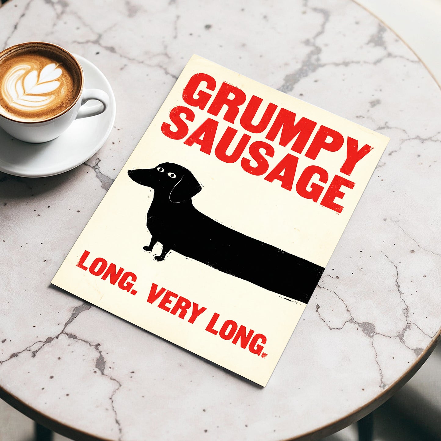 Long Dog, Short Temper, black, beige, red minimalist wall art displayed in a styled interior, gallery view 3