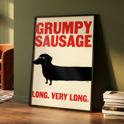 Long Dog, Short Temper, black, beige, red minimalist wall art displayed in a styled interior, gallery view 4