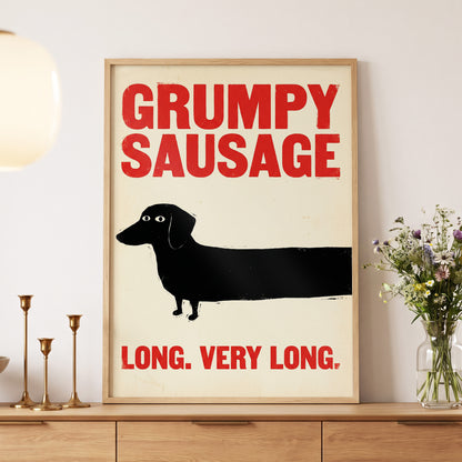 Long Dog, Short Temper, black, beige, red minimalist wall art displayed in a styled interior, gallery view 5