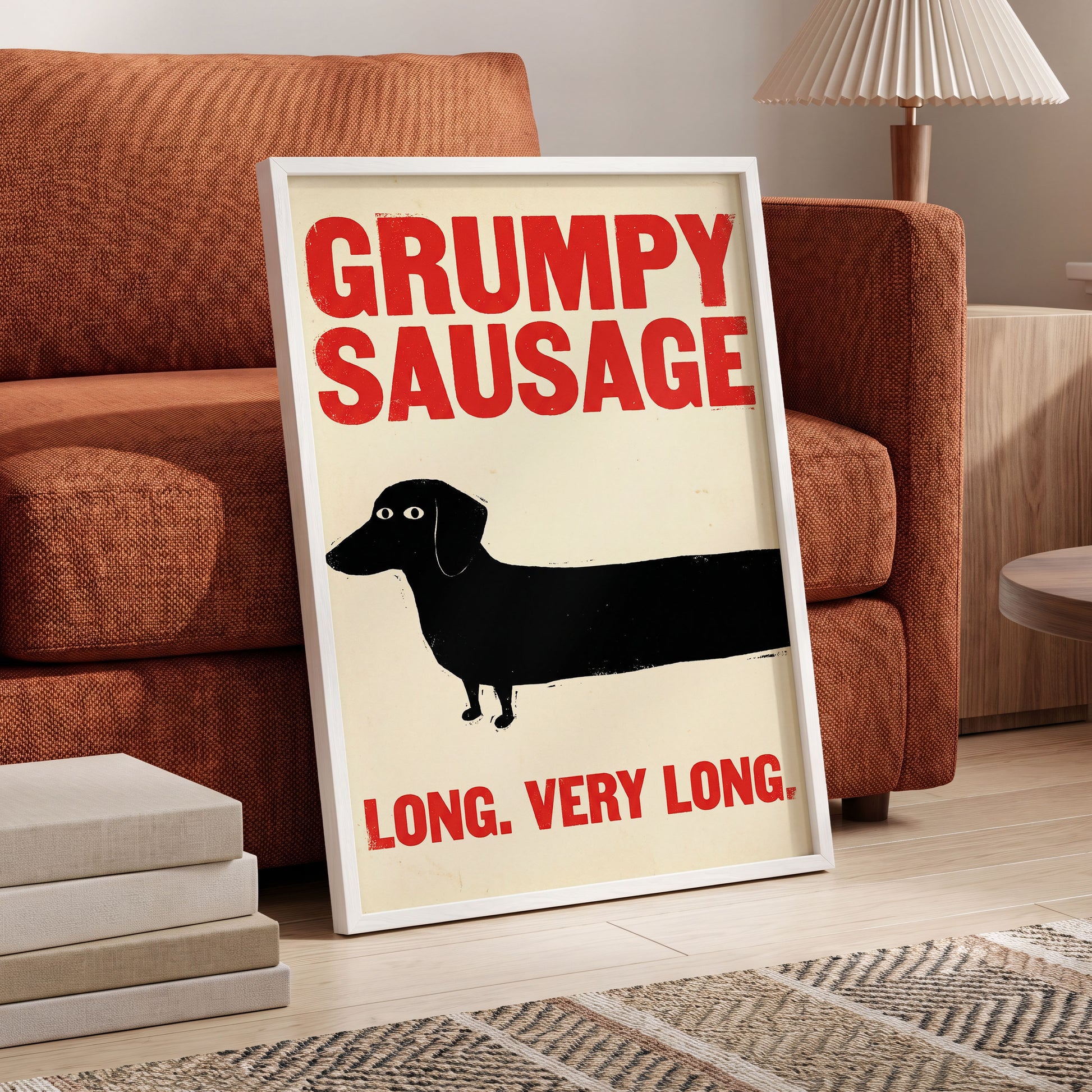Long Dog, Short Temper, black, beige, red minimalist wall art displayed in a styled interior, gallery view 6