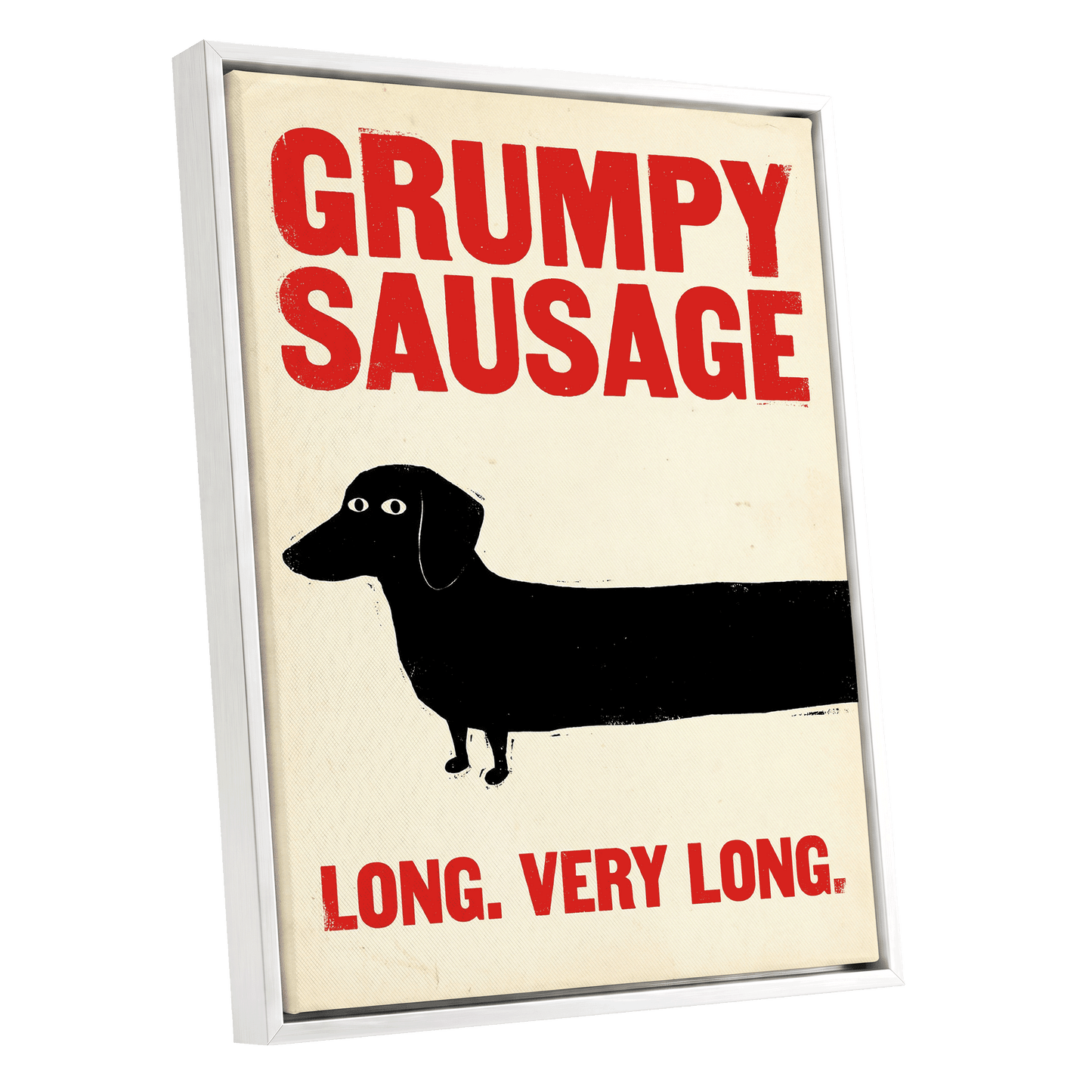 Long Dog, Short Temper, black, beige, red minimalist wall art shown as a white framed canvas wall art