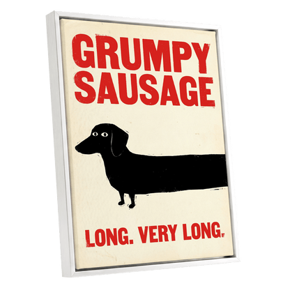 Long Dog, Short Temper, black, beige, red minimalist wall art shown as a white framed canvas wall art