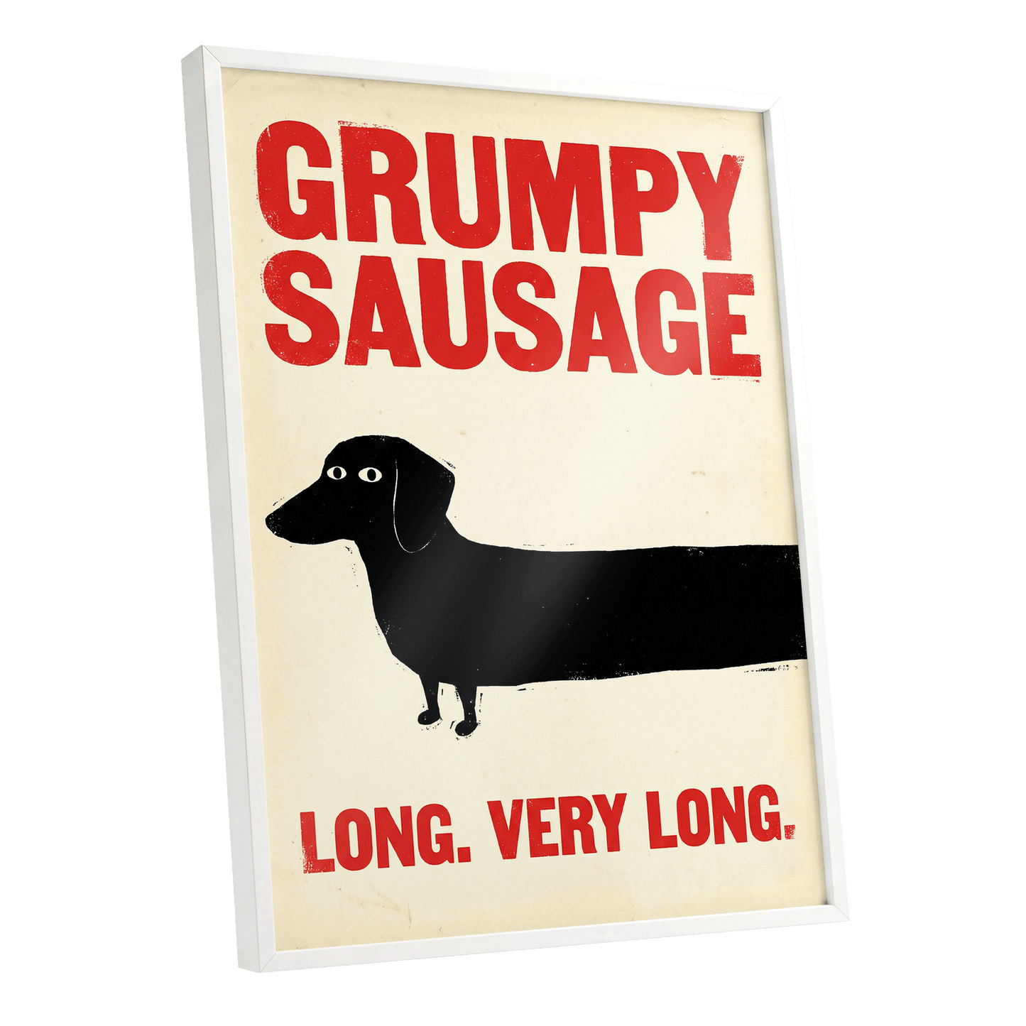 Long Dog, Short Temper, black, beige, red minimalist wall art shown as a white framed poster wall art print