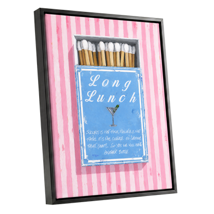 Long Lunch Club, pink, blue, white abstract wall art shown as a black framed canvas wall art