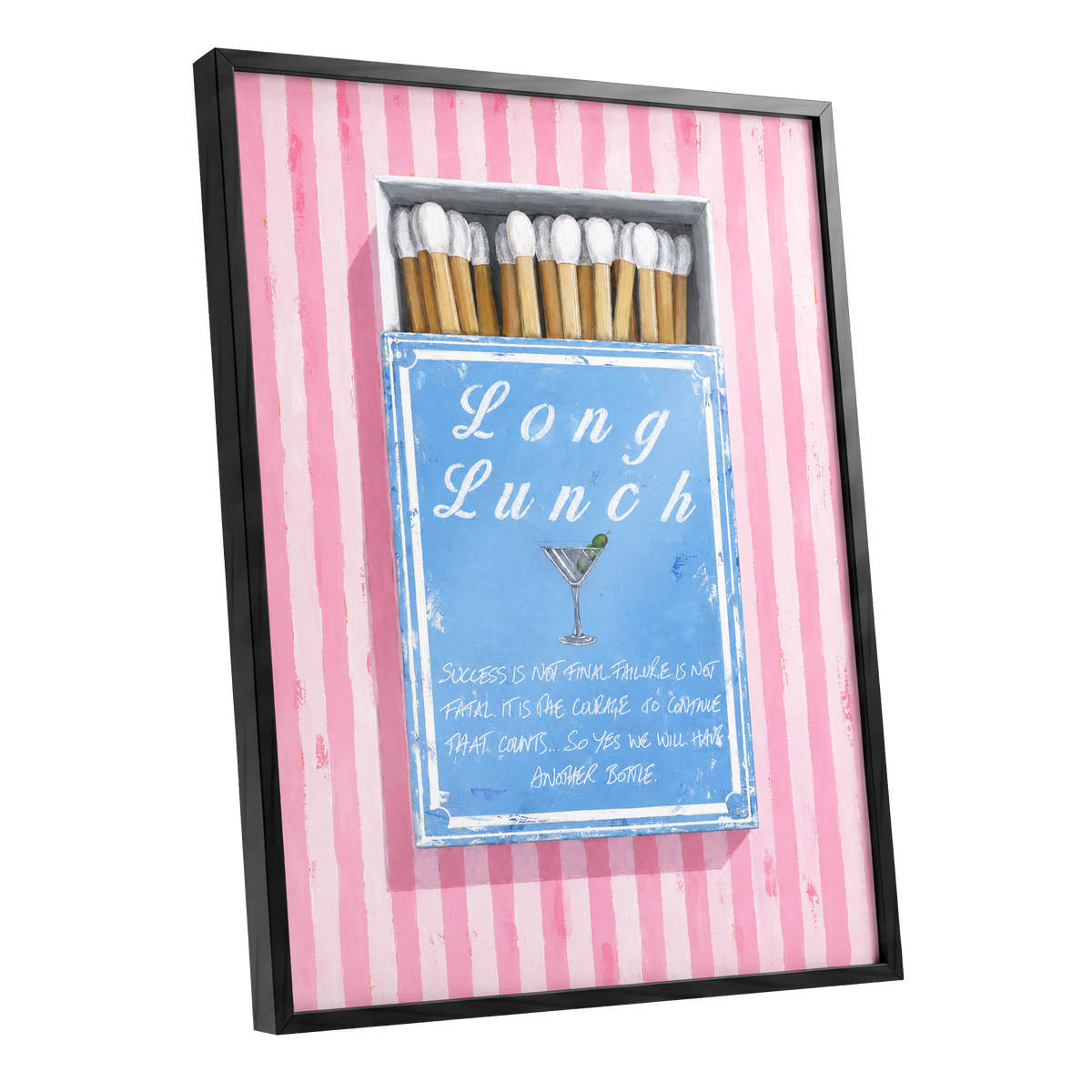 Long Lunch Club, pink, blue, white abstract wall art shown as a black framed poster wall art print