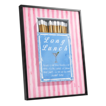 Long Lunch Club, pink, blue, white abstract wall art shown as a black framed poster wall art print
