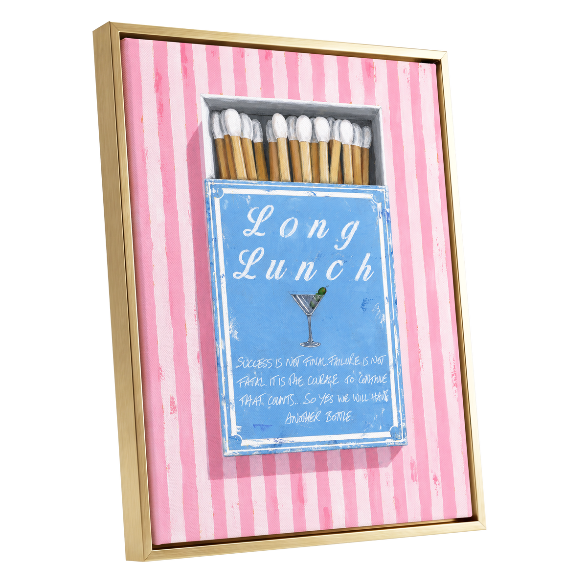 Long Lunch Club, pink, blue, white abstract wall art shown as a gold framed canvas wall art