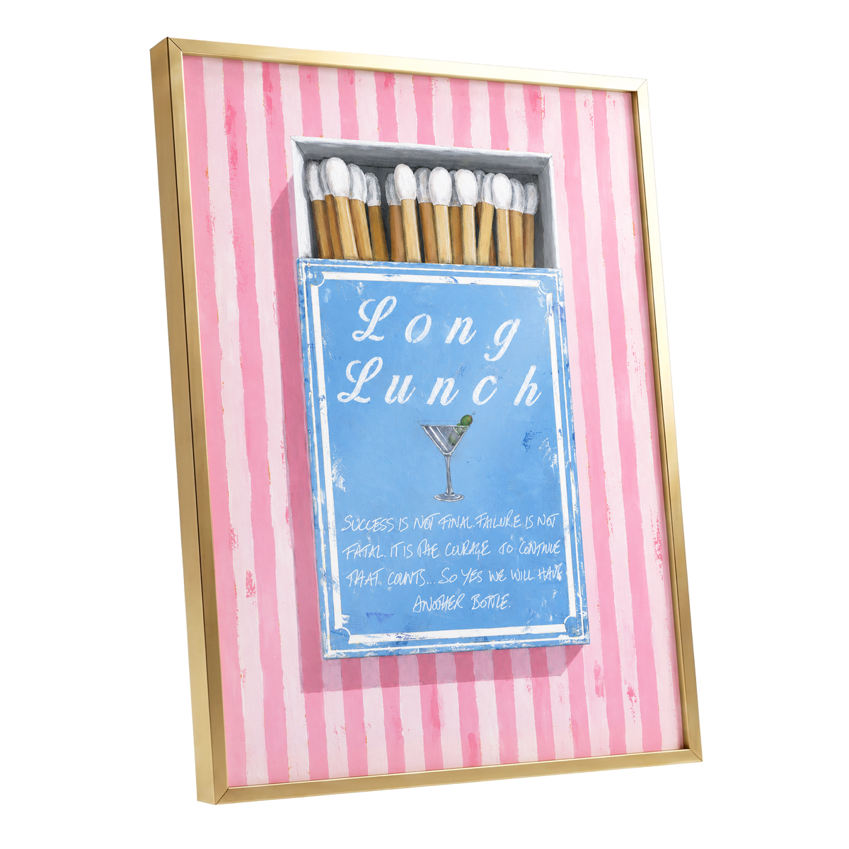 Long Lunch Club, pink, blue, white abstract wall art shown as a gold framed poster wall art print