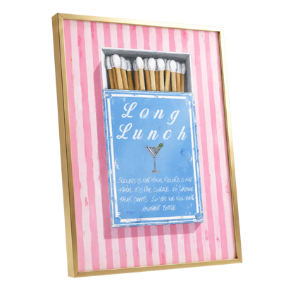 Long Lunch Club, pink, blue, white abstract wall art shown as a gold framed poster wall art print