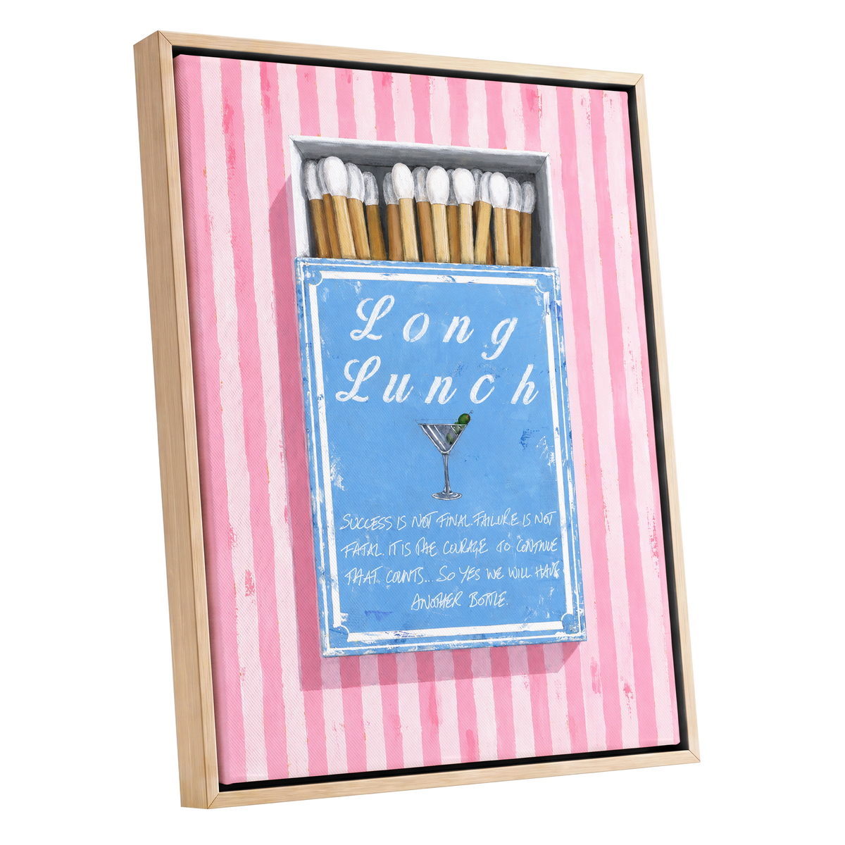 Long Lunch Club, pink, blue, white abstract wall art shown as a oak framed canvas wall art