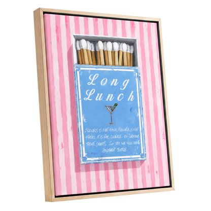 Long Lunch Club, pink, blue, white abstract wall art shown as a oak framed canvas wall art