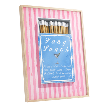 Long Lunch Club, pink, blue, white abstract wall art shown as a oak framed poster wall art print