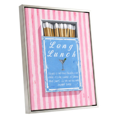 Long Lunch Club, pink, blue, white abstract wall art shown as a silver framed canvas wall art