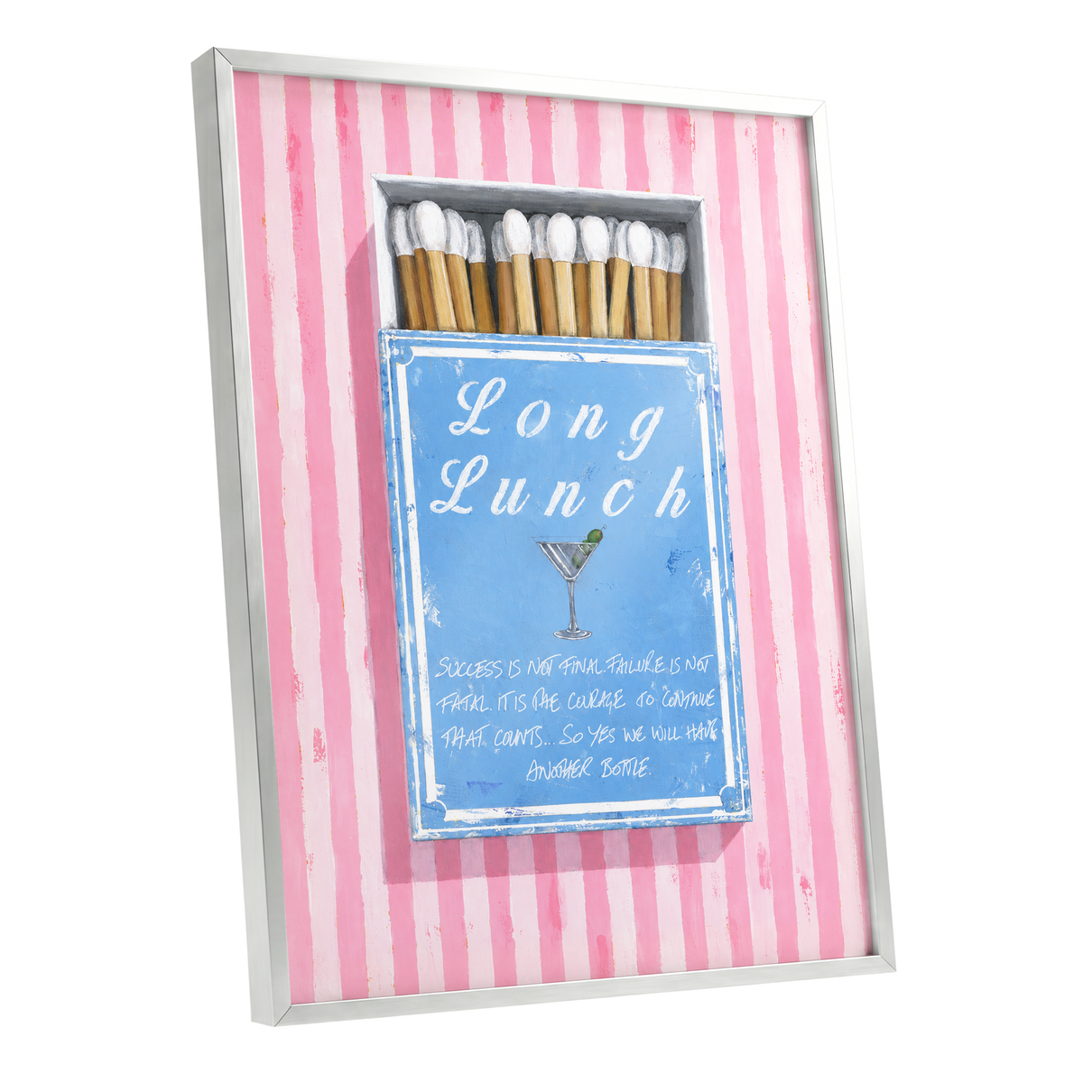 Long Lunch Club, pink, blue, white abstract wall art shown as a silver framed poster wall art print