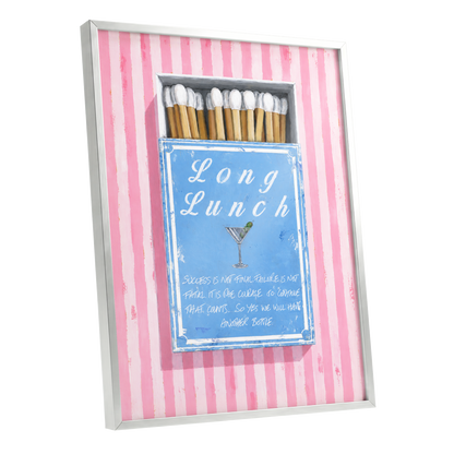 Long Lunch Club, pink, blue, white abstract wall art shown as a silver framed poster wall art print