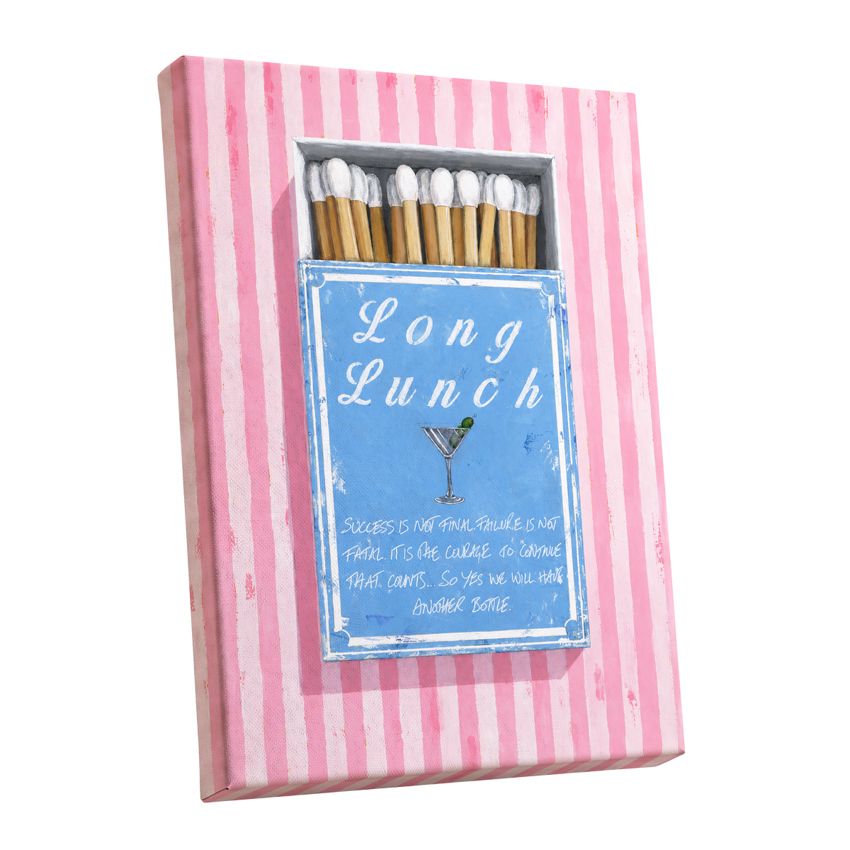 Long Lunch Club, pink, blue, white abstract wall art shown as a stretched canvas wall art