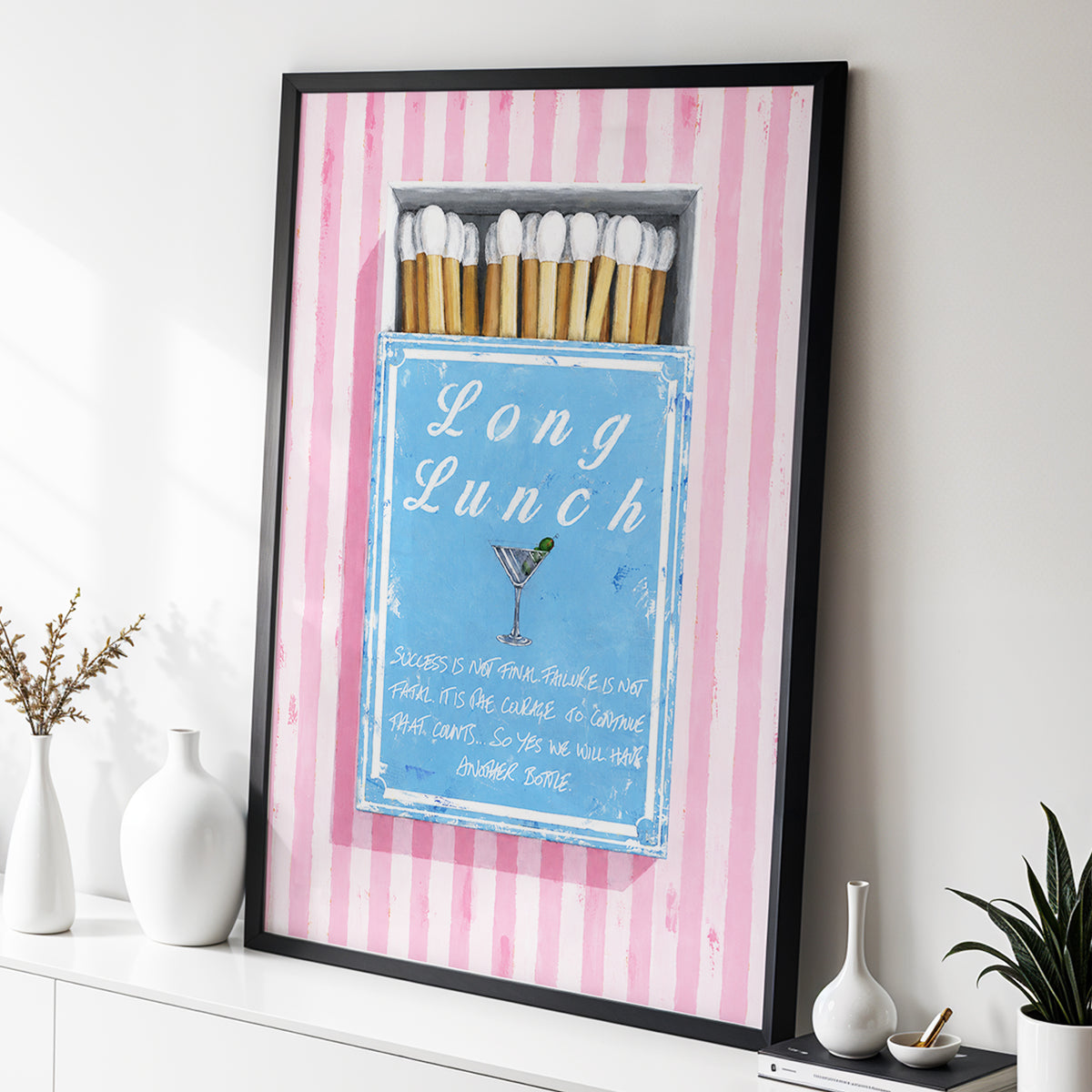 Long Lunch Club, pink, blue, white abstract wall art displayed in a styled interior, gallery view 2