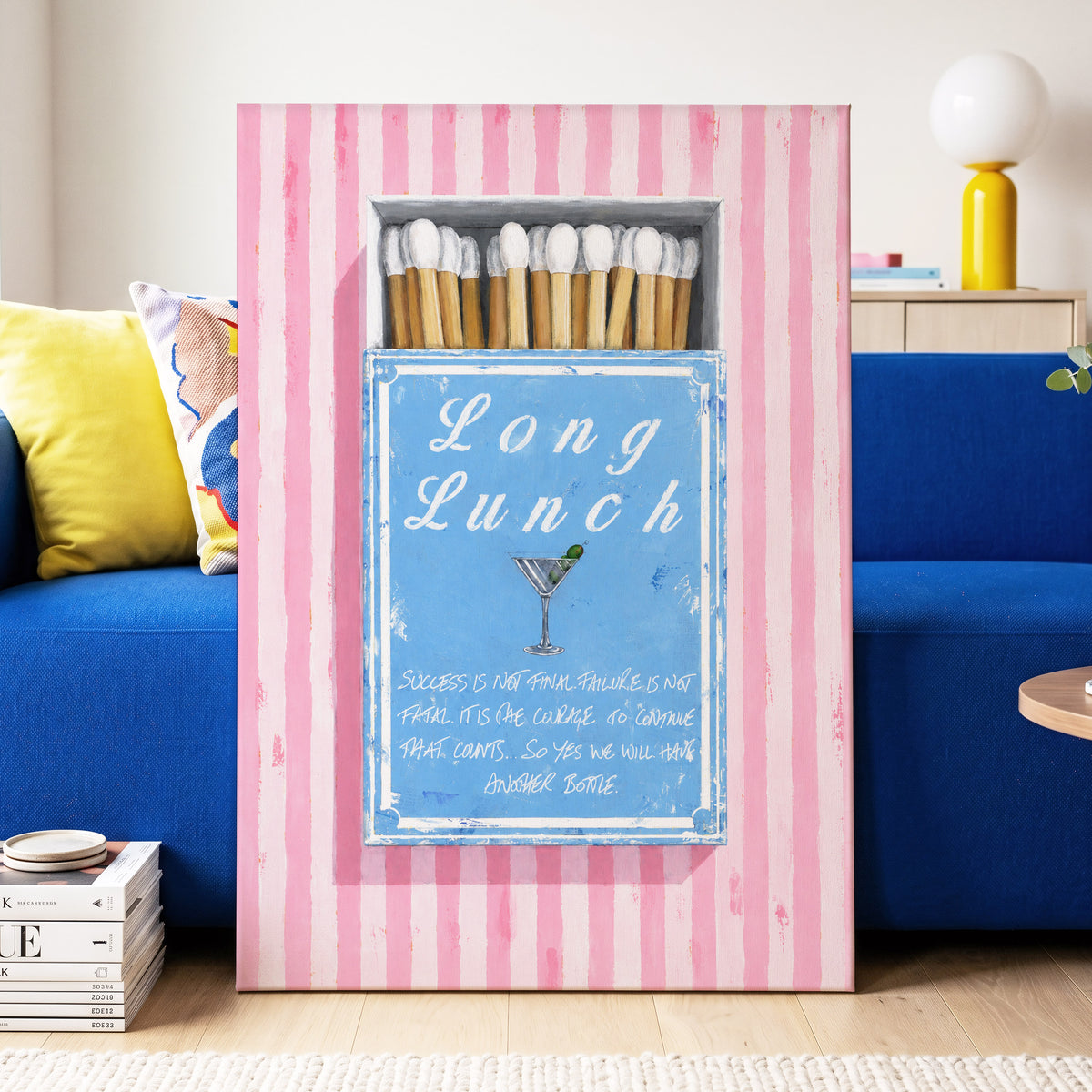 Long Lunch Club, pink, blue, white abstract wall art displayed in a styled interior, gallery view 3