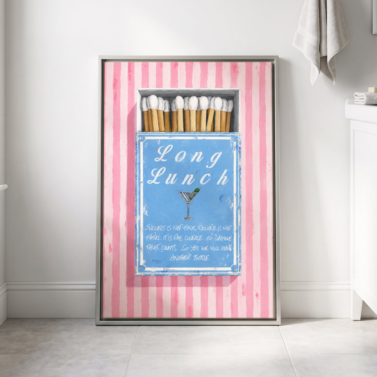 Long Lunch Club, pink, blue, white abstract wall art displayed in a styled interior, gallery view 4