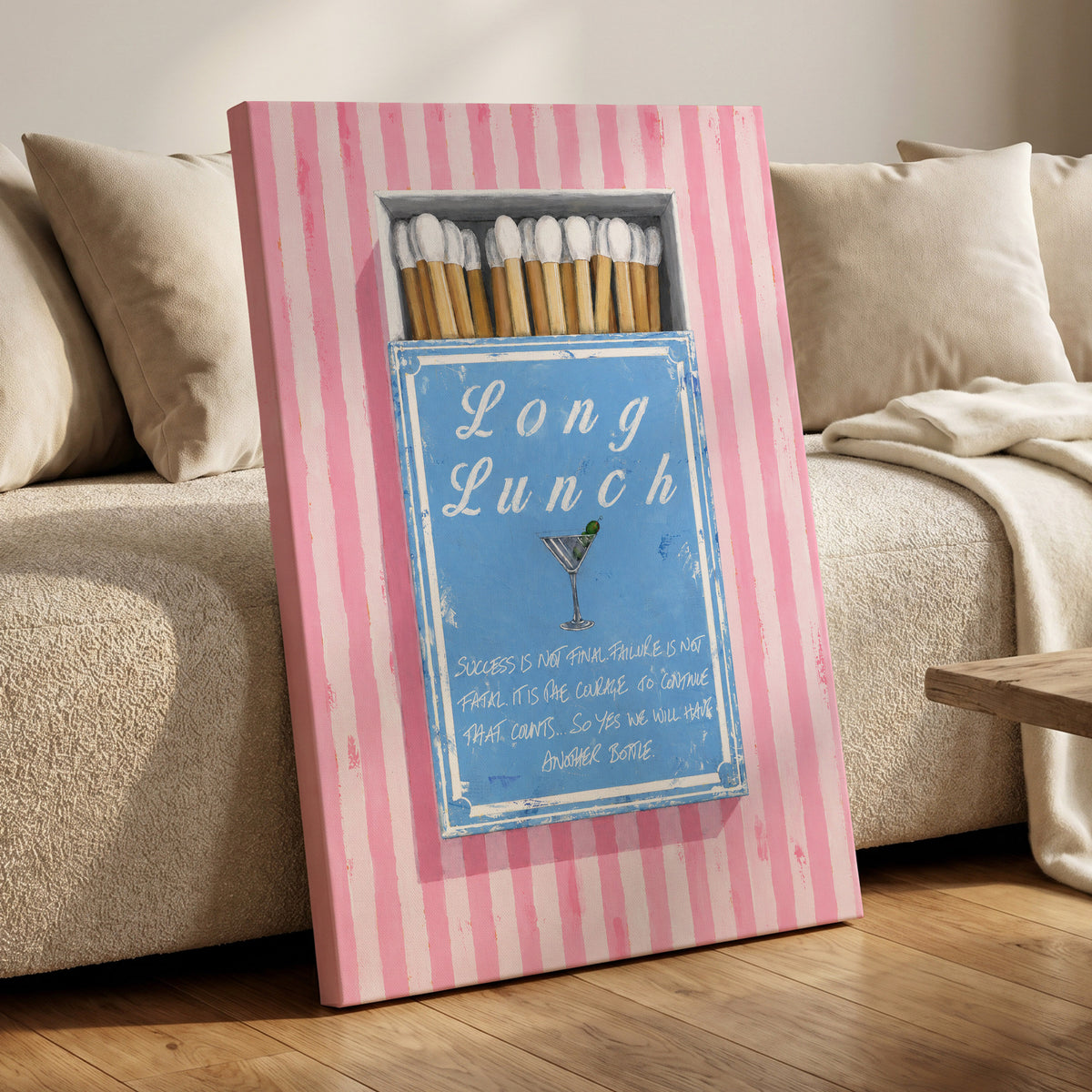 Long Lunch Club, pink, blue, white abstract wall art displayed in a styled interior, gallery view 7