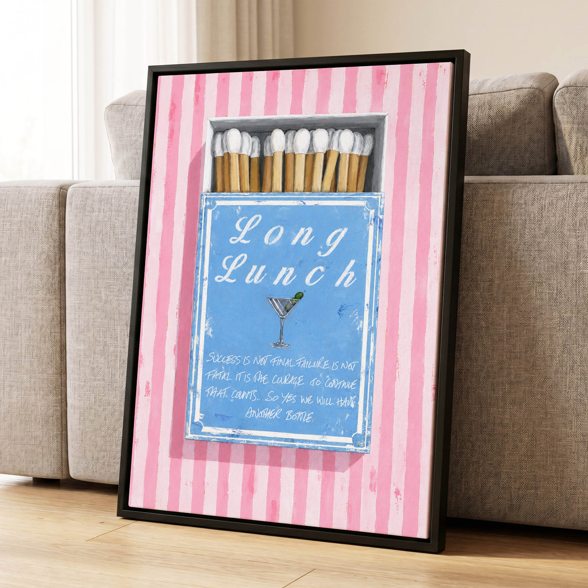 Long Lunch Club, pink, blue, white abstract wall art displayed in a styled interior, gallery view 8