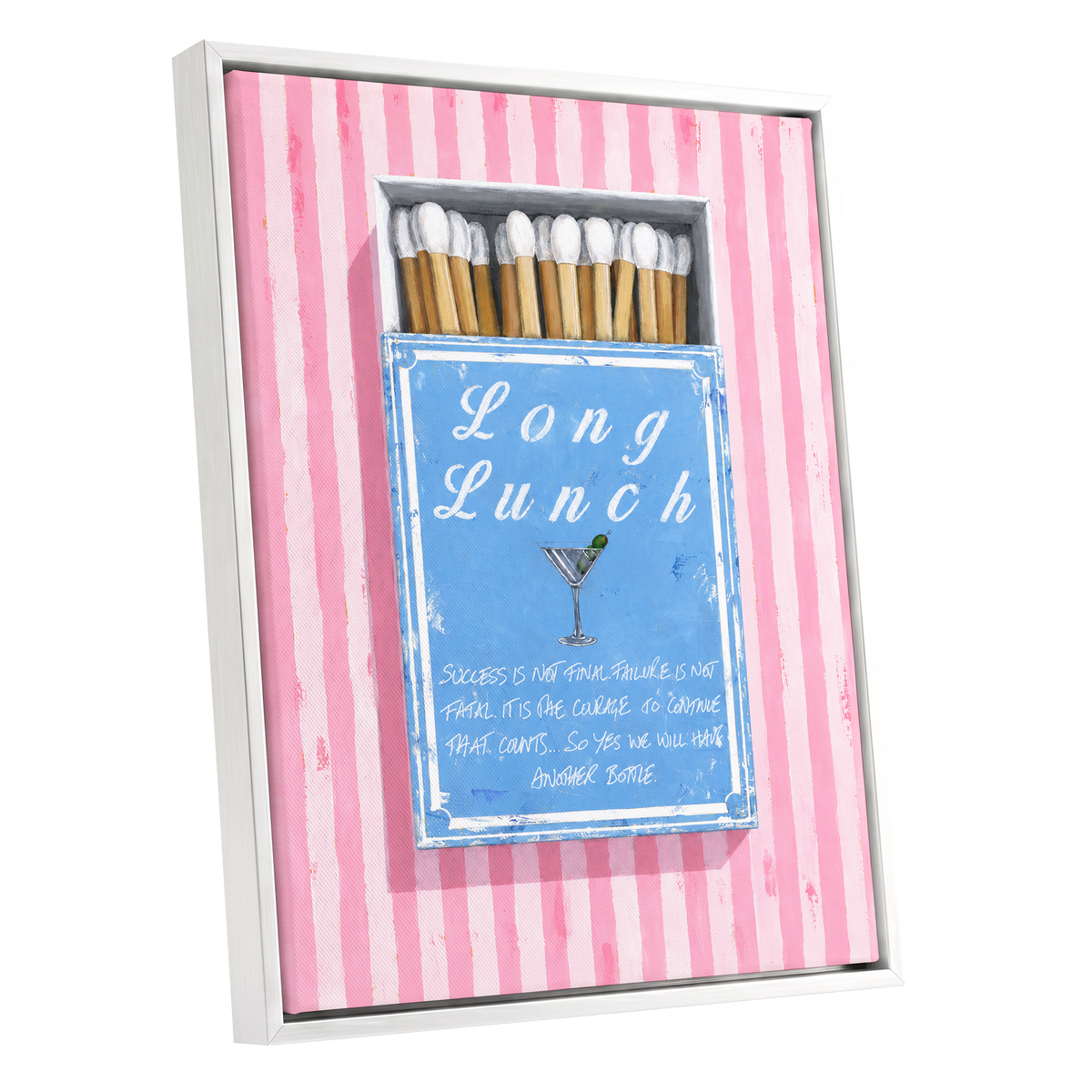 Long Lunch Club, pink, blue, white abstract wall art shown as a white framed canvas wall art