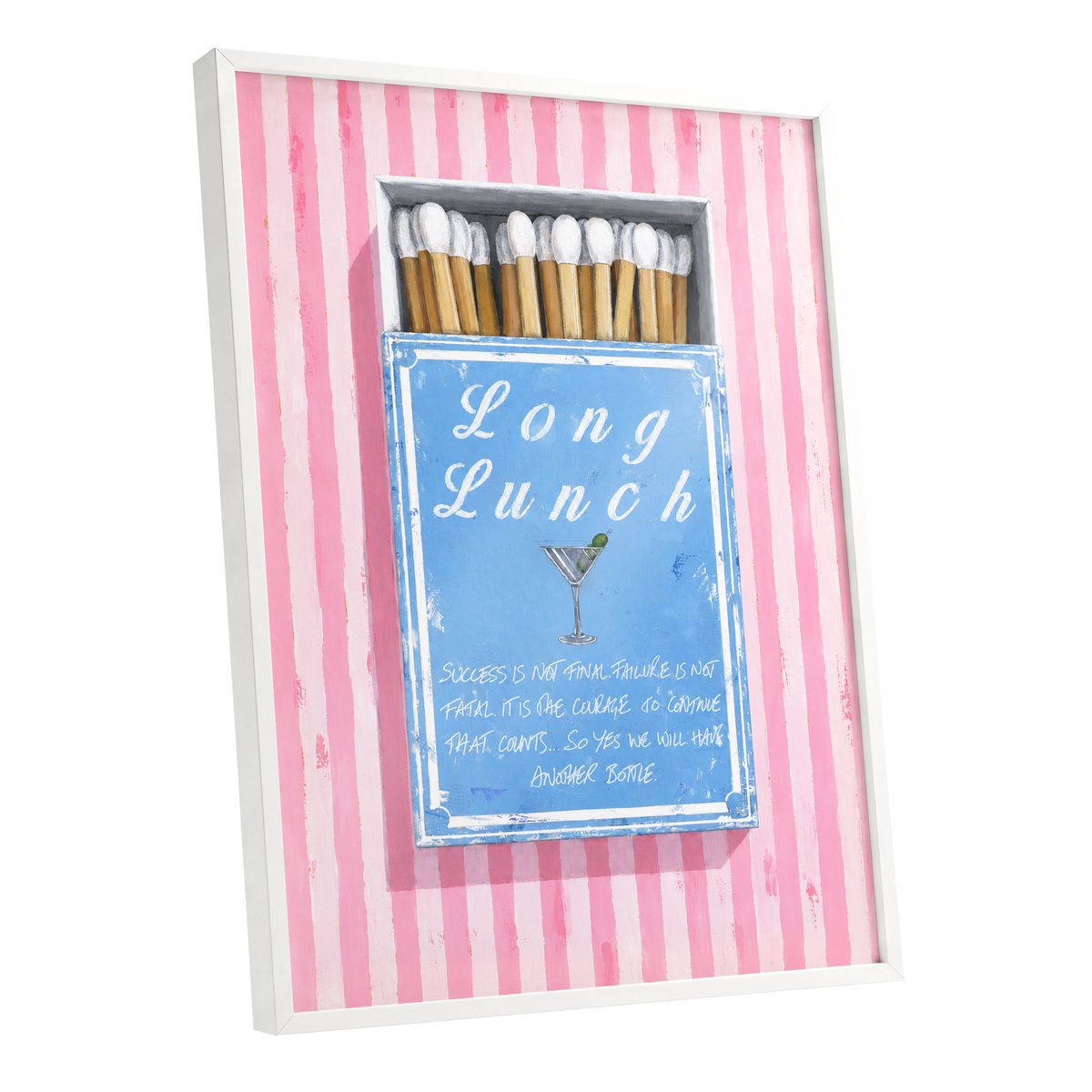 Long Lunch Club, pink, blue, white abstract wall art shown as a white framed poster wall art print