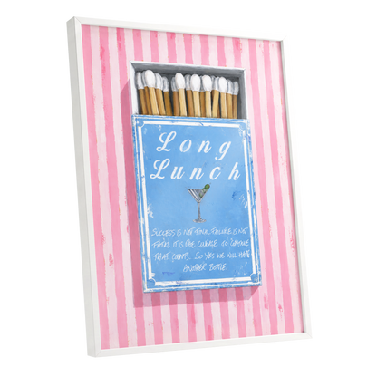 Long Lunch Club, pink, blue, white abstract wall art shown as a white framed poster wall art print