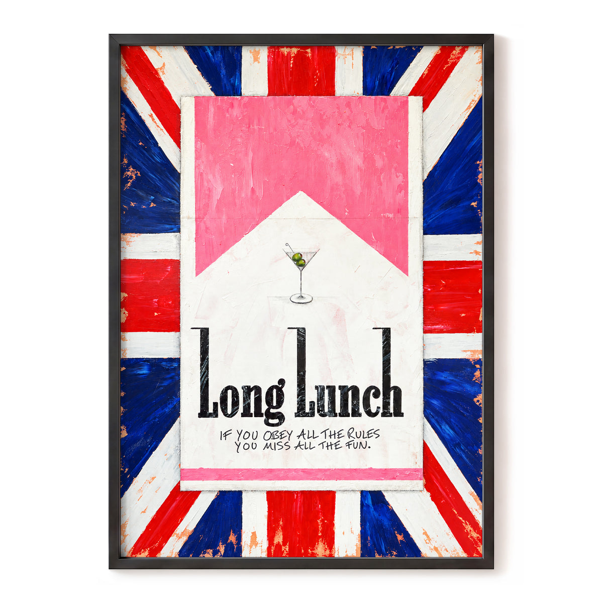 Long Lunch Rebellion, pink, white, blue abstract wall art, front artwork view